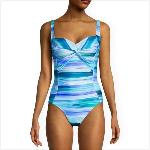 La Blanca Ocean Tides Twist Knot Front Shirred One Piece Swimsuit NWOT NEW 8 - Picture 1 of 5